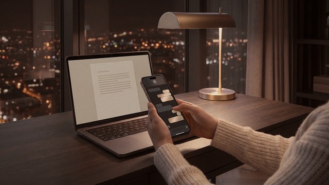 Hands in a cream knit sweater typing a message on a smartphone at a dark wooden desk at night, next to an open laptop and a brass desk lamp, with city lights visible through floor-to-ceiling windows.