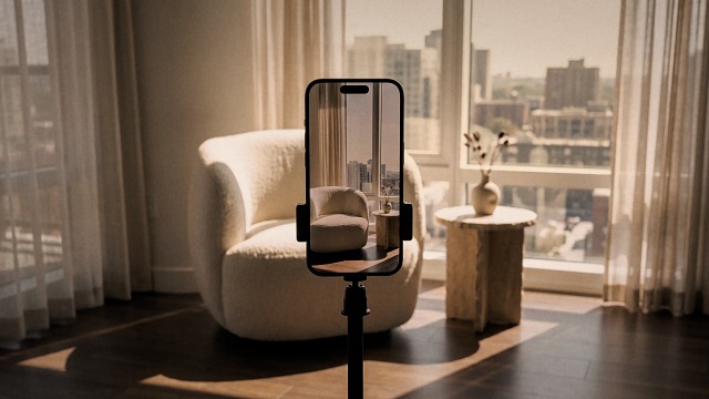 A smartphone on a slim black tripod in a bright apartment, its screen framing a cream armchair and a stone side table beside sheer-curtained windows in afternoon sun.