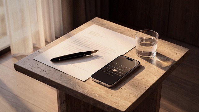 A printed one-page letter with a black fountain pen, a smartphone showing a calendar and a glass of water on a travertine side table in soft afternoon window light.