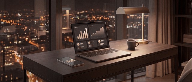 A dark wooden desk at night with an open laptop showing simple bar and line charts, a smartphone and a coffee cup beside a brass desk lamp, with city lights visible through floor-to-ceiling windows.