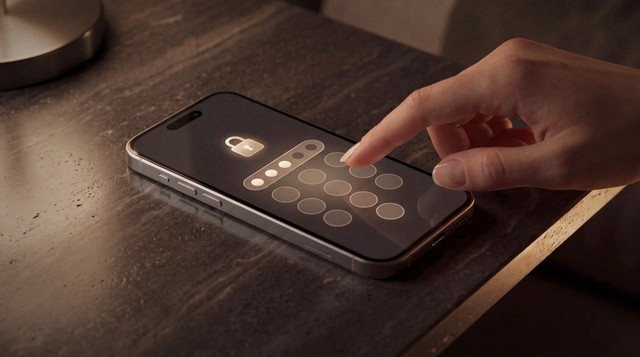 A hand tapping the passcode keypad on a smartphone lock screen, lying on a dark stone table at night next to the base of a brass lamp.